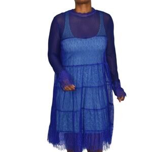 Allsaints Briella Sheer Lace Dress Blue Cobalt Long Sleeves Loose Tiered Size 8